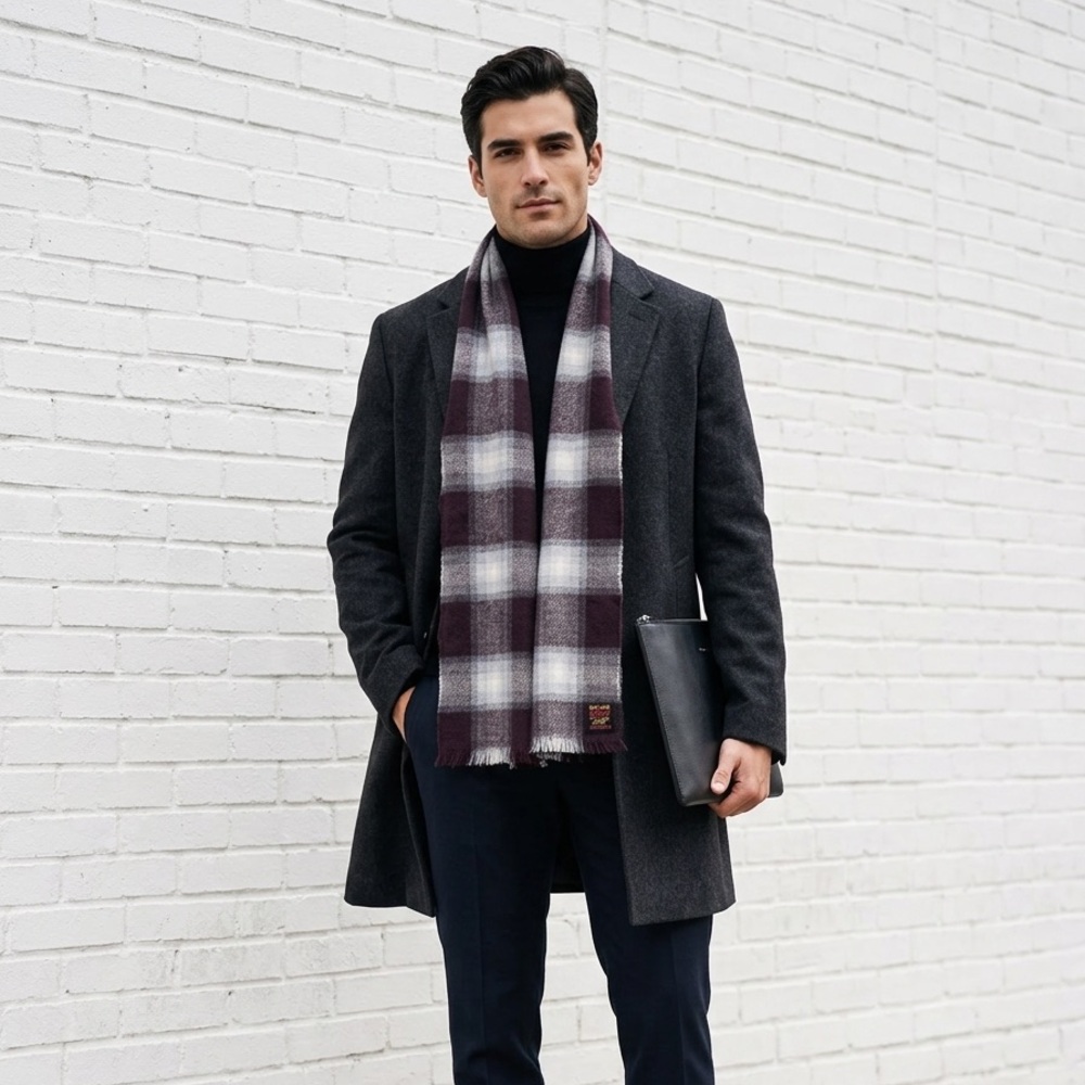 Vintage John Forsyth 100% Pure Wool Scarf Plaid Fringe Burgundy Grey Academia